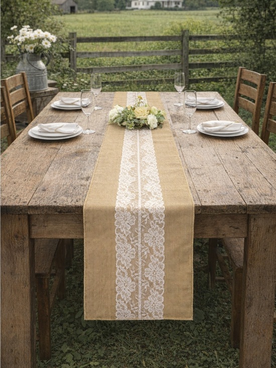 None Other - 116” x 12” Burlap Lace Table Runner Rustic Farmhouse Wedding Decor Boho